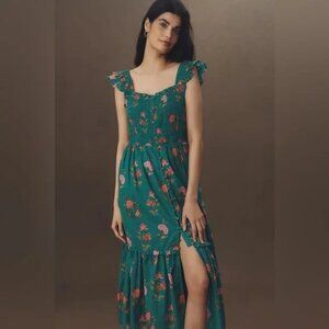 Anthropologie The Peregrine Square-Neck Midi Dress - Green Floral - Large NWT